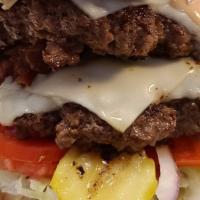 Double Burger · Grilled 100% beef double patties, American cheese, lettuce, tomatoes, red onion and thousand...