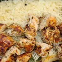 Chicken Kabob Dinner · Marinated Grilled Chicken served with
rice & grilled veggies  and additional sides of your c...