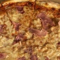 Hawaiian · Ham, pineapple and mozzarella - red (with pizza sauce) or white (no sauce).