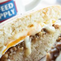 Vegetarian Sausage Egg & Cheese · Veggie sausage egg and cheese on an English muffin. Fresh baked fornax English muffin, New E...