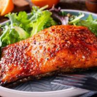 Salmon Citrus Glaze · Grilled salmon with a sweet honey citrus dijon glaze, with chef's selection starch and veget...
