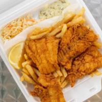 Fish And Chips Dinner · Served with home made tartar sauce, homemade coleslaw and fried or rice.