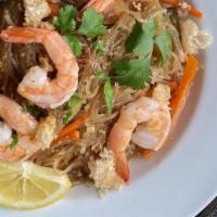 Shrimp Pancit Bihon · Sautéed rice noodles with vegetables, roasted  shrimp, cilantro, lemon.