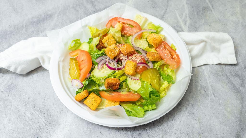 Garden · Romaine Lettuce, Tomato, Red Onions, Cucumber, Carrots, Egg. Croutons, Parm Cheese.