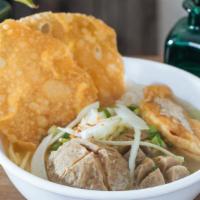 Super Meat Ball Soup · Homemade meatball with whole egg inside, egg noodles, vermicelli, fried tofu, and fried wont...