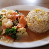 Mix Vegetables Seafood Rice Platter · Broccoli, carrot, cauliflower, Chinese celery, Chinese greens, shrimp, fishball, fishcake, a...