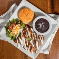 Enchiladas De Mole · 4 enchiladas with chicken covered in mole sauce. Served with rice, beans, and salad.