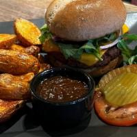 Wild Fields Burger · House Made Grounds, Chedd'r slice, Wild Arugula, Red Onion, All Spice Ketchup, Roasted Finge...