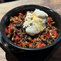 Strawberry Rhubarb Crisp · Roasted Strawberries, Rhubarb, Superfood Granola, Maple Syrup Drizzle, Coconut Whipped. *con...