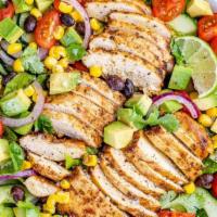Southwest Chicken Salad · Grilled sliced chicken with avocado, tomato, red onion, corn, black beans, chopped romaine, ...