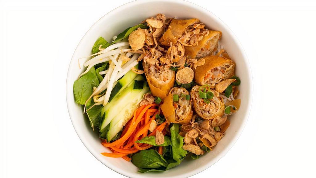 Fried Vegetarian Eggrolls · -	Vermicelli noodles<br />-	Fried vegetarian eggrolls (2) <br />-	Lettuce <br />-	Cucumber <br />-	Beansprouts<br />-	Pickled carrots <br />-	Green onions<br />-	Fried onions
