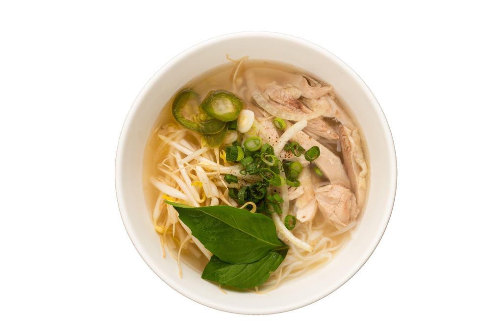 Chicken Pho · - Rice noodles
- Chicken
- Green onions
- White onions
- Cilantro
- Beef bone broth
- Please indicate which vegetable(s) you would like in your bowl.  Beansprouts, basil, lime, jalapenos.