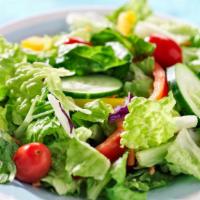 Garden Salad · Served with romaine, egg, tomatoes, red onions, carrots, cucumbers, olives, roasted peppers ...