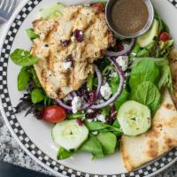 Cape Cod Chicken · Grilled chicken breast tops of this bed of mixed greens, sliced red onions, tomatoes, sun dr...