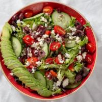 Greek Avocado Salad · Mixed Greens, Avocado, Tomatoes, Cucumbers, Peppers, Feta Cheese, Kalamata Olives, Herbed
Le...