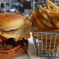 Touchdown Burger · Smoked Bacon, Whiskey Onions, Pickled Jalapenos, Sliced Tomatoes, Crispy White Cheddar, Brio...