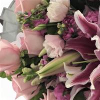 Lily And Rose · Half dozen of roses, Lily, Stock, Carnation 
+ Please note that color of flowers can be diff...