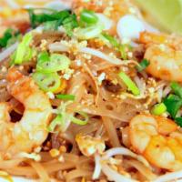 Pad Thai · Pad Thai noodles, bean sprouts, crushed peanuts, egg and basil. Comes with choice of protein.