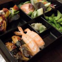 Monster Bento · 4 piece Green Monster Roll, 2 Eel Sushi, 2 Shrimp Sushi, Edamame, Mixed Green Salad