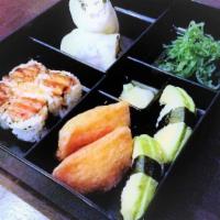 Veggie Bento · 4 piece sweet potato roll, 2 inari sushi, 2 avocado sushi, seaweed salad, tofu summer roll w...