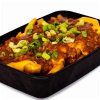 Doogy Chili Cheddar Fries · French fries, chili sauce, scheduled cheddar and green onions.