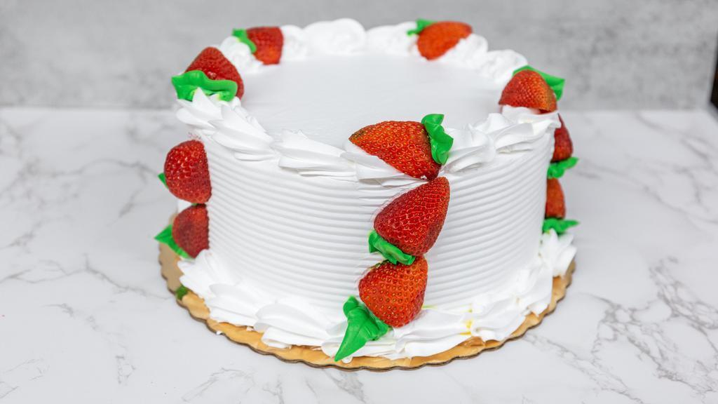 Strawberry Shortcake 8Inch · Vanilla cakes with strawberry filling and covered with whipped vanilla icing. 
8inch. Serves 10 to 12
