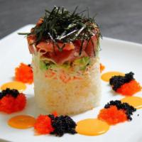 Sushi Tower · Tower of top-grade sashimi over crabstick, avocado, tobiko, sushi rice and our chef's specia...