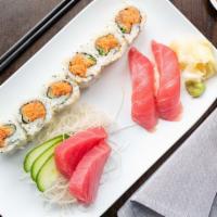 Go Fish Combo E · 2 pieces salmon sushi, 2 pieces salmon sashimi, and a spicy salmon roll.