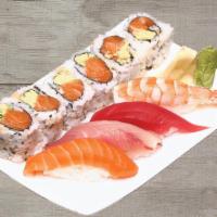 Go Fish Combo D · 4 pieces sushi (salmon, tuna, shrimp, and hamachi) and spicy salmon roll