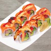 Happy Roll · Yellowtail, cucumber and avocado inside, topped with unagi, salmon, tobiko, eel and spicy ma...