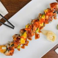 Fenway Roll · Shrimp tempura and cucumber inside, topped with unagi, avocado, tobiko and eel sauce.