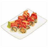 Go Fish Roll · Shrimp tempura inside, with spicy tuna, eel sauce and spicy mayo on top.