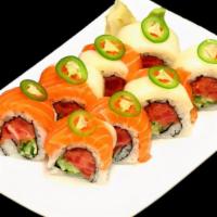 Jalapeno Roll · Spicy tuna and cucumber inside, topped with escolar, salmon, jalapenos and spicy daikon.