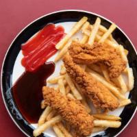 Chicken Tenders With Fries · Breaded or battered crispy chicken. served with a dipping choice of honey mustard bbq sauce ...