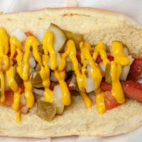 Chicago Dog · Topped with hot jalapeños. Relish, yellow mustard, raw onions, tomato, and pickles.