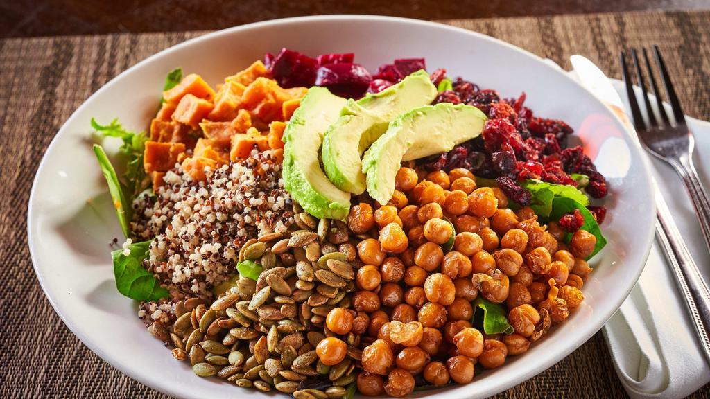Power Bowl · Mixed greens, avocado, roasted beets, sweet potato, garbanzo beans, quinoa, dried cranberries, and candied pumpkin seeds with avocado lime dressing. Add chicken , salmon, shrimp, or steak tips for an additional charge.