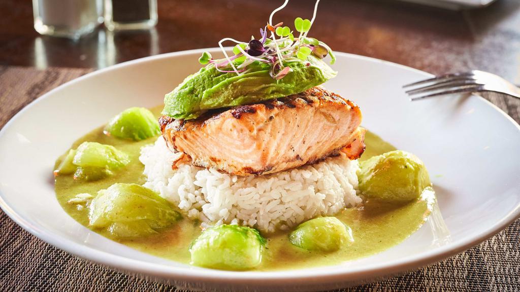 Salmon · Grilled salmon fillet, green Thai curry, bok choy, jasmine rice, fresh avocado and cilantro sprouts.

Consuming raw or undercooked meats, poultry, seafood, shellfish or eggs may increase your risk of food-borne illness.