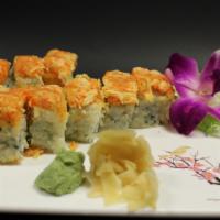 King Crab Roll · Deep fried roll with king crab, avocado and spicy crab meat inside with citrus ponzu sauce.