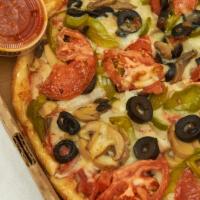 Vegetarian Pizza (Large) · Mushrooms, peppers, onions, olives, tomatoes, broccoli and mozzarella.
