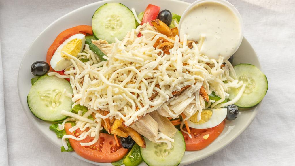 Grilled Chicken Salad · Grilled chicken breast strips, fries & mozzarella over a garden salad