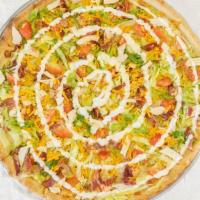 Ranch Chicken Blt Pizza* · Homemade Ranch, Grilled Chicken, Bacon, Lettuce, Tomato, Mozzarella & Cheddar Cheese