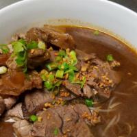 Boat Noodle Soup · Spicy. Beef or pork with rice noodles, bean sprout, scallion in spicy meat broth.