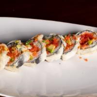 Godzilla Roll  · Deep fried spicy tuna and avocado roll with eel sauce, spicy mayo, tobiko, and scallion on t...