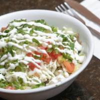 Burrito Bowl · Bowl with rice, beans, protein of your choice and lettuce, Pico de Gallo and sour cream.