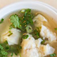 Wonton Soup · Pork and shrimp wonton soup in clear chicken broth topped with white pepper, scallions, bok ...
