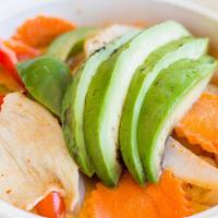 Avocado Curry · Gluten-free. Spicy. Avocado, onions, carrots, and bell peppers in red curry.