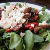 Spinach Salad · Baby Spinach, Roasted Red Peppers, Portobello Mushrooms, Goat Cheese and Balsamic Vinaigrette