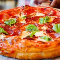 Pepperoni Pizza · tomato sauce, mozzarella, fresh basil, garlic, olive oil, peppero