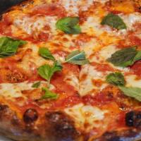 Margherita Pizza · tomato sauce, mozzarella, fresh basil, garlic, olive oil