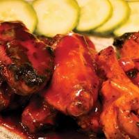 House Smoked Jerk Wings · 1 lb., HABF, grilled, pickled ginger, fresno chilies, 
cucumber, jerk glaze (GF)
